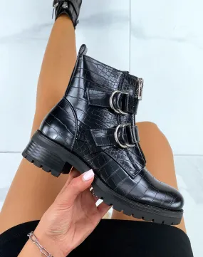 Bottines hautes noires effet croco