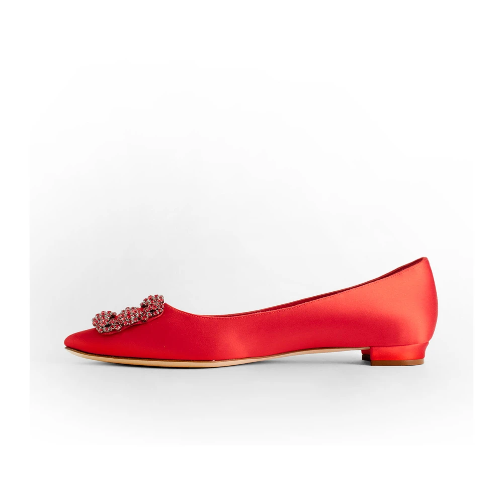 Chaussures Plates en Satin Rouge avec Boucle Bijou