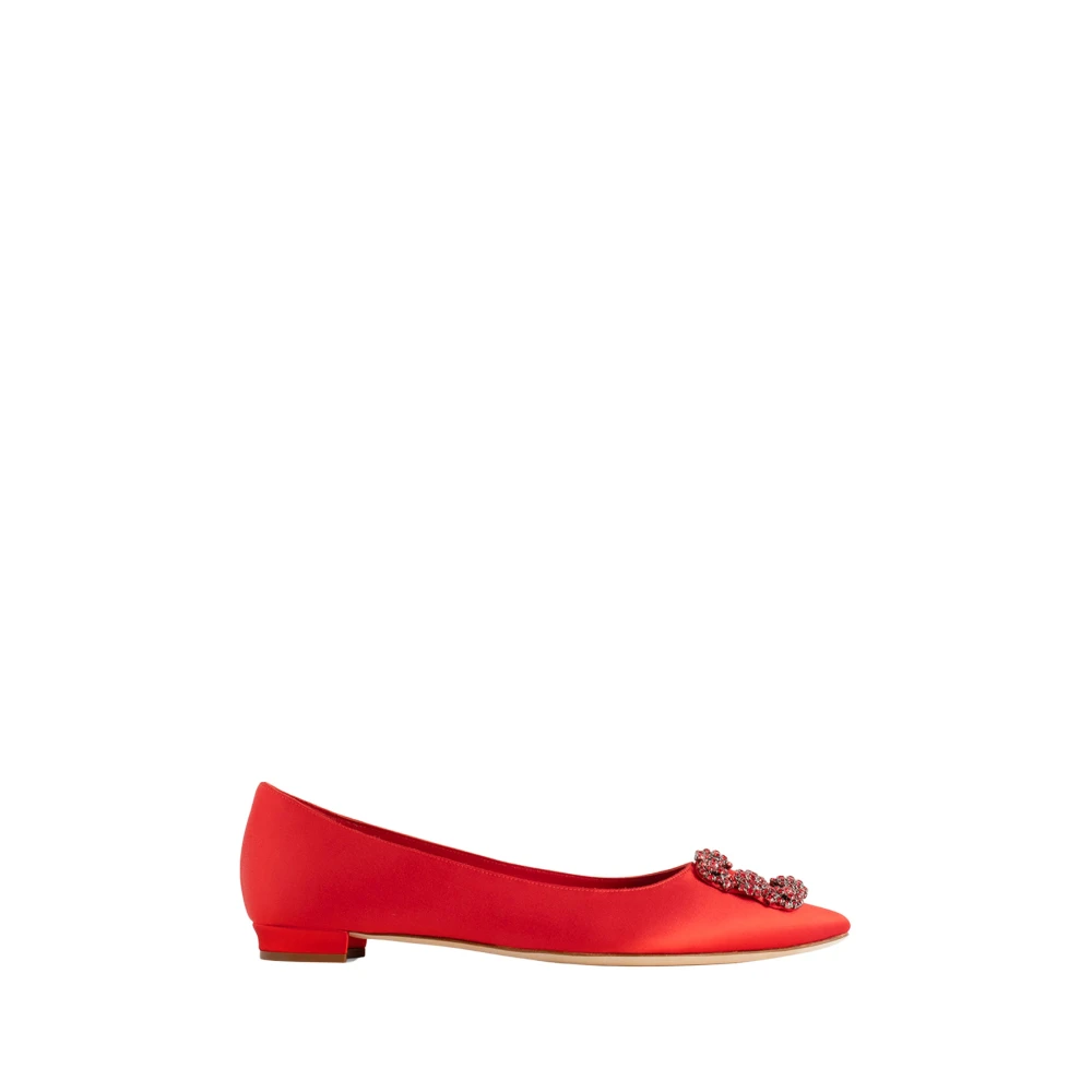 Chaussures Plates en Satin Rouge avec Boucle Bijou