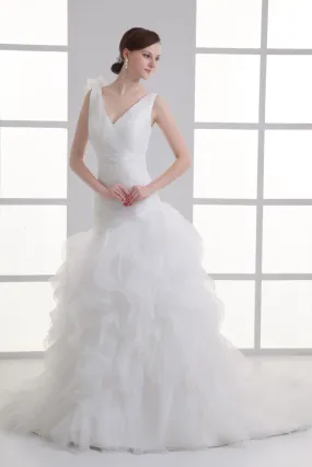 Colonne robe de mariée à volants ruchée en organza