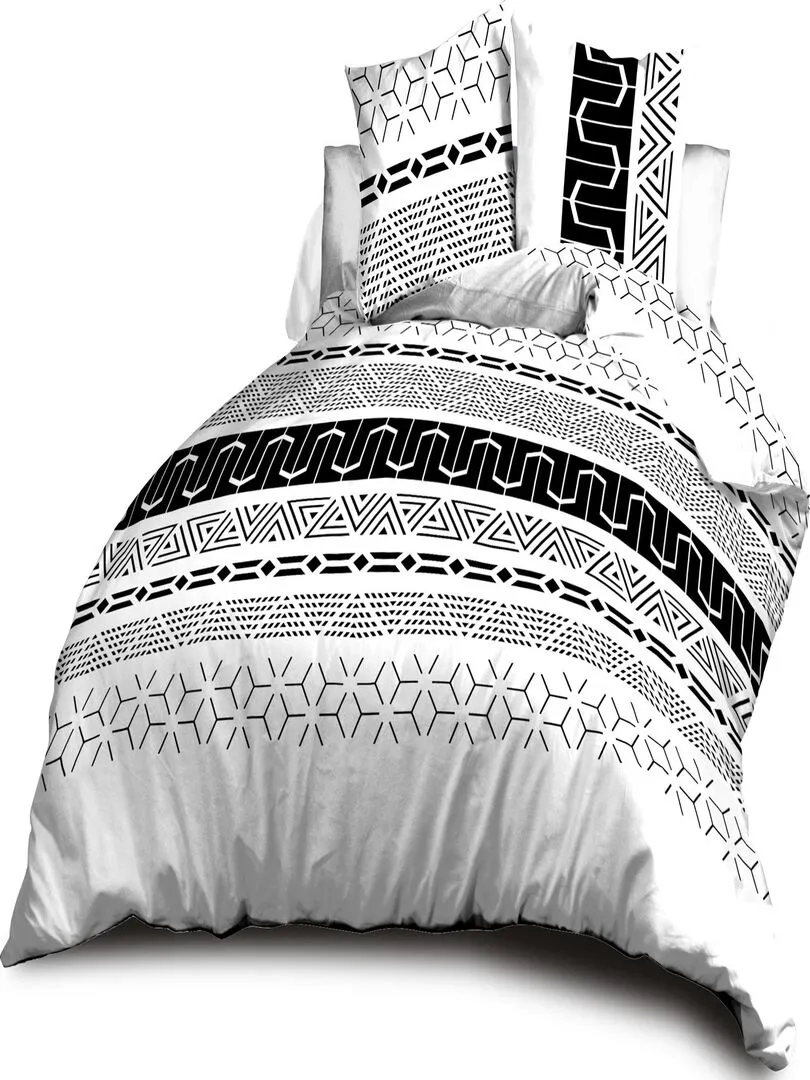 Housse de couette 220x240 + 2 taies Microfibre - Entretien Facile - Graphic - Noir Blanc