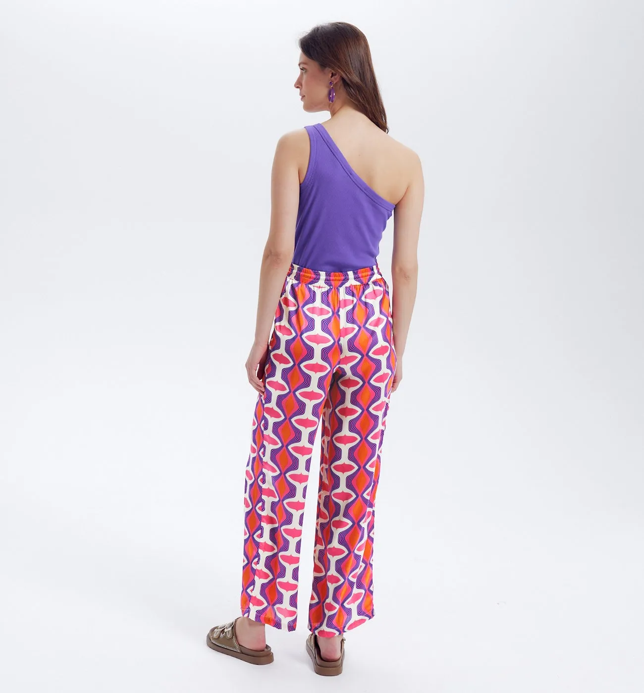 Pantalon large en satin - Imprimé rose fuchsia