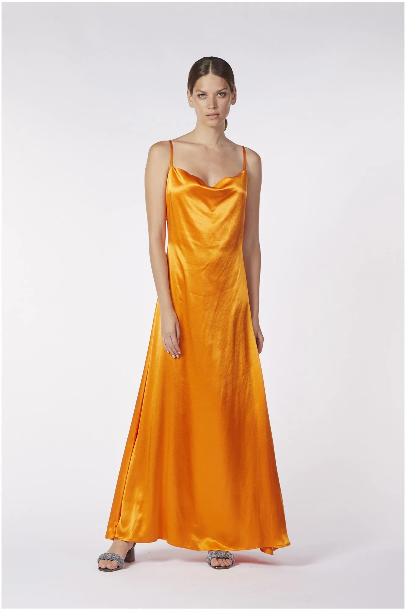 robe longue type combinaison en satin de viscose orange - CafèNoir