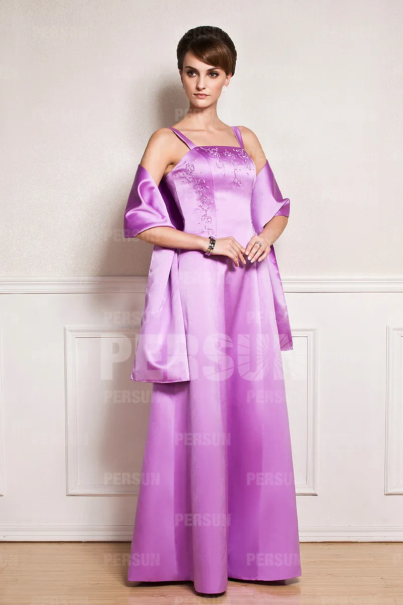 Robe soirée longue en couleur mauve avec étole satin