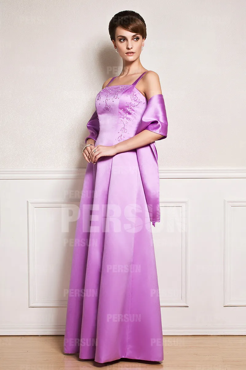 Robe soirée longue en couleur mauve avec étole satin