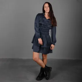 Robe élastiquée à la taille à volants effet soie bleu nuit Femme 