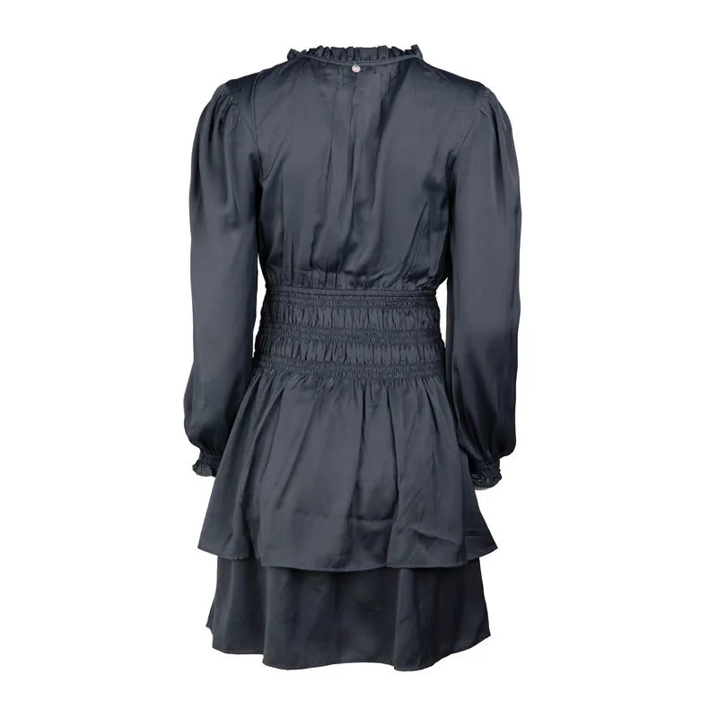 Robe élastiquée à la taille à volants effet soie bleu nuit Femme 