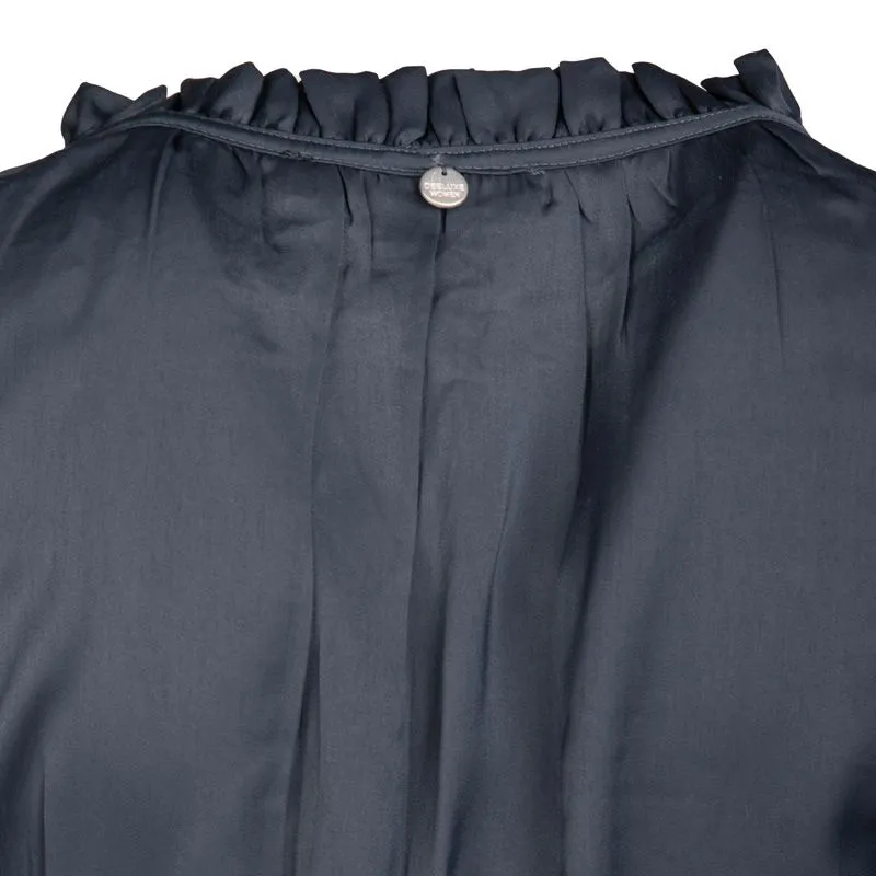 Robe élastiquée à la taille à volants effet soie bleu nuit Femme 