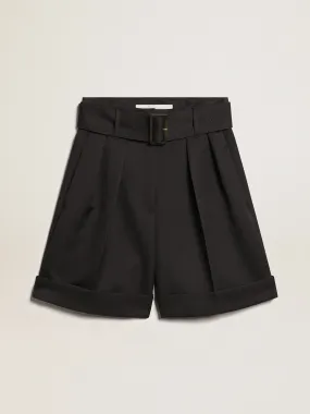 Short femme en gabardine de laine noire avec ceinture à la taille | Golden Goose