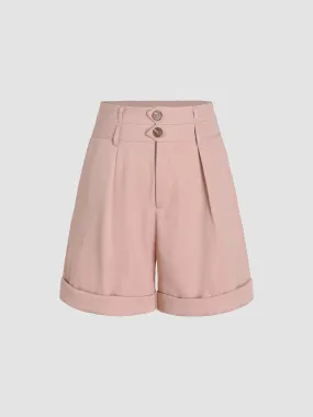  Short taille haute uni avec boutons et ourlet retroussé