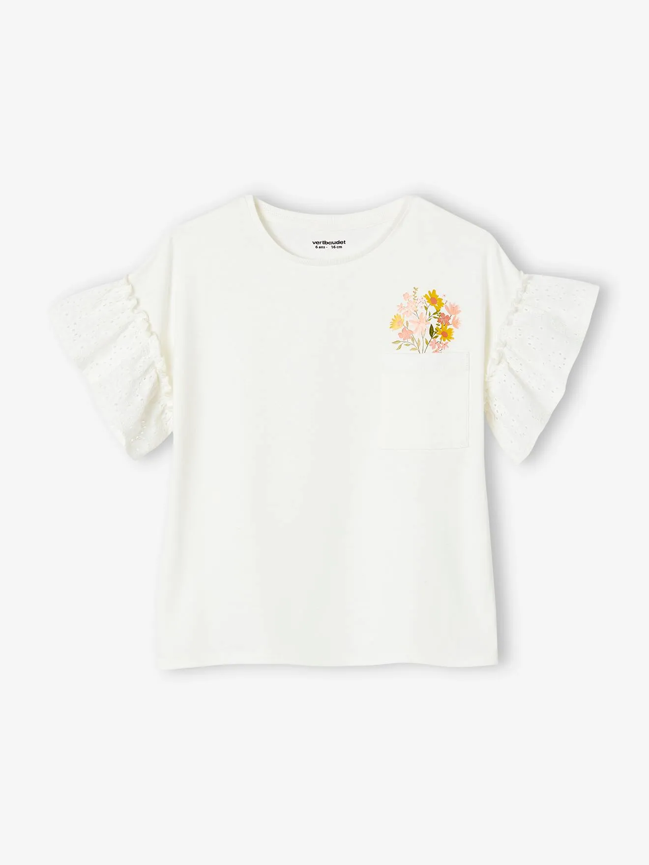 T-shirt manches à volants en broderie anglaise fille écru - Vertbaudet