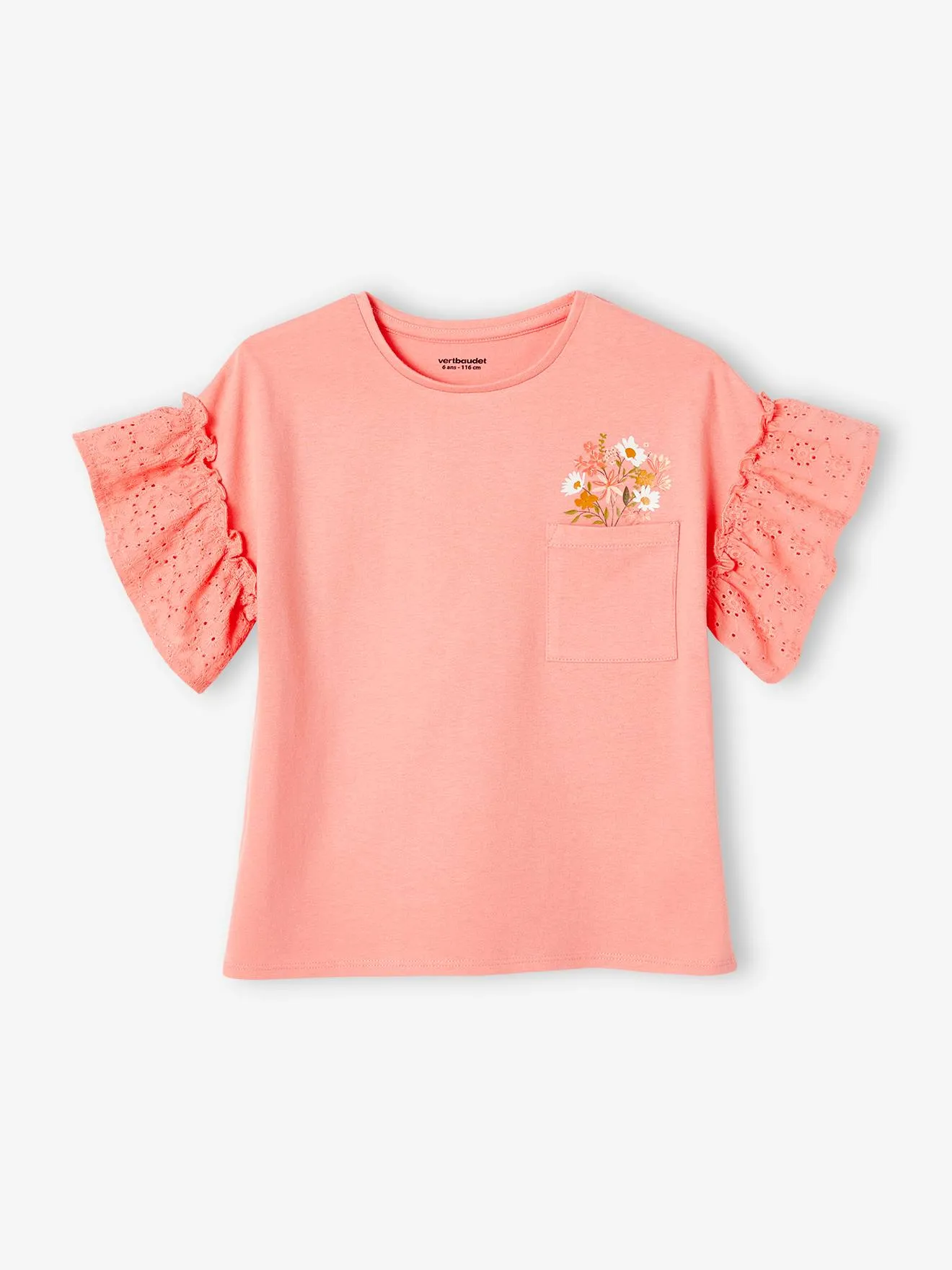 T-shirt manches à volants en broderie anglaise fille écru - Vertbaudet