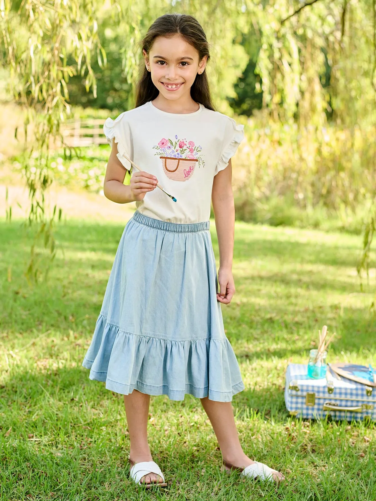 Tee-shirt brodé fille manches courtes à volants écru - Vertbaudet